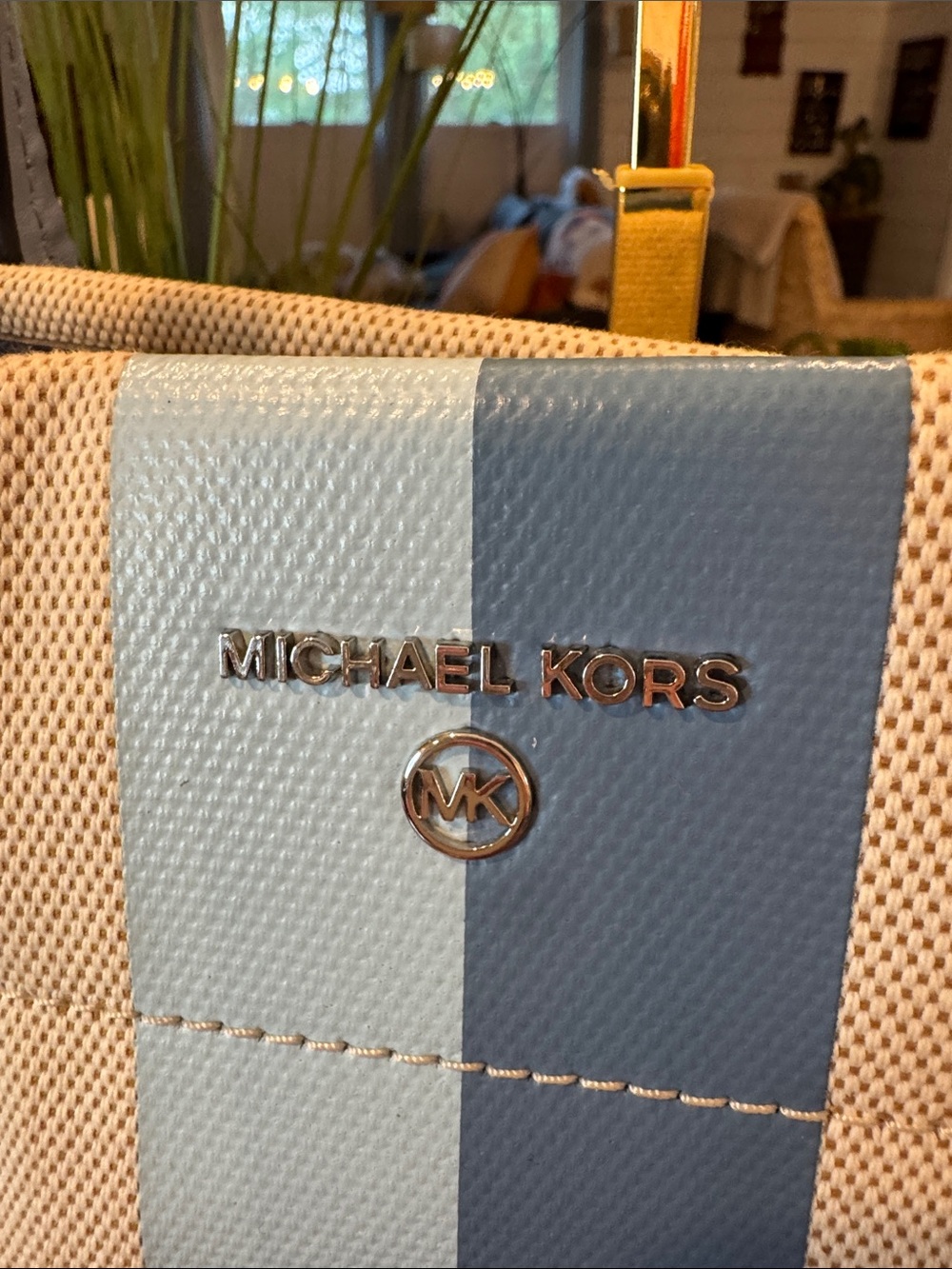 Michael Kors Beige Canvas Tote with Blue Stripe and Scarf - Picture 2 of 14